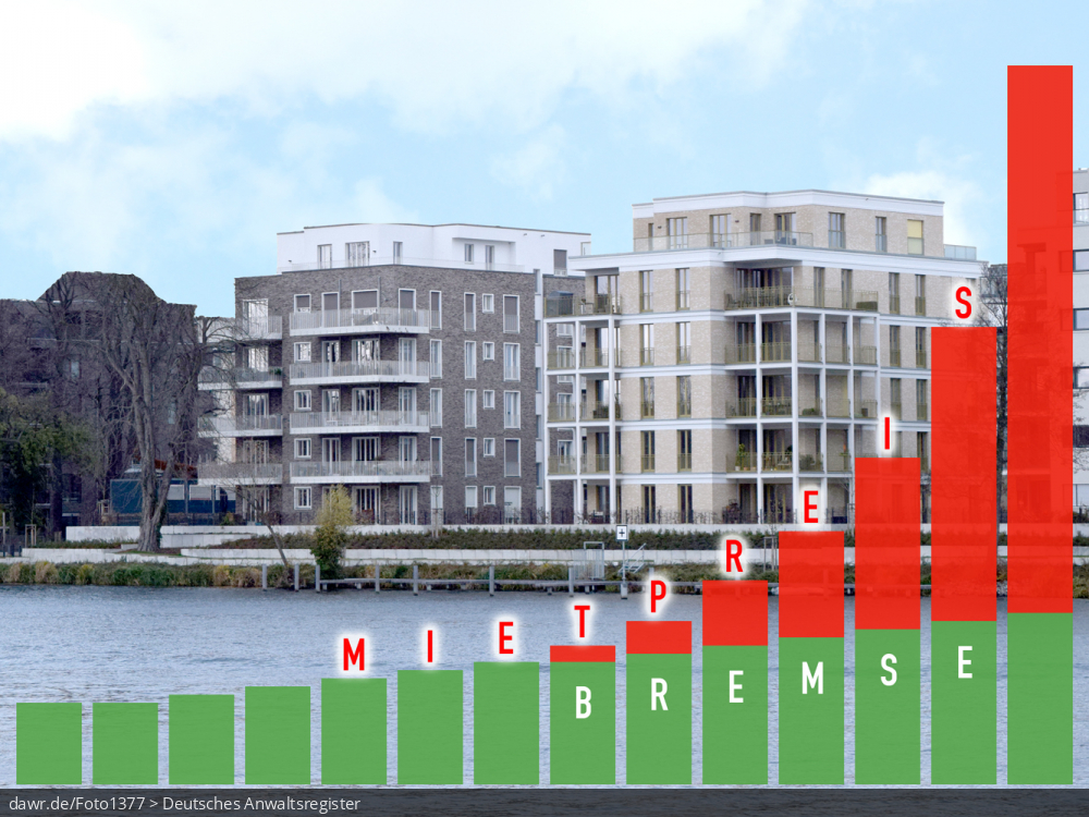 Dieses Foto zeigt mehrere Neubaublöcke auf einer Baustelle, vor dem ein Balkendiagramm zu sehen ist, welches mit den Begriffen „Mietpreis“ und „Bremse“ beschriftet ist. Diese symbolische Darstellung eignet sich gut für alle Themen rund um die Mietpreisbremse und hohe Mietkosten für Wohnungen in Deutschland.
